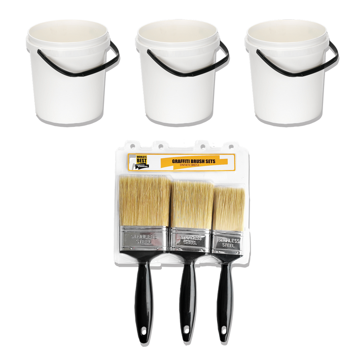 3 half-gallon buckets and a set of graffiti removal brushes