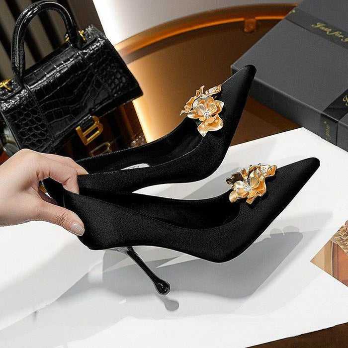 3D Flowers black Satin Pointy Stiletto Heels 769556407493 - COCOMELODY