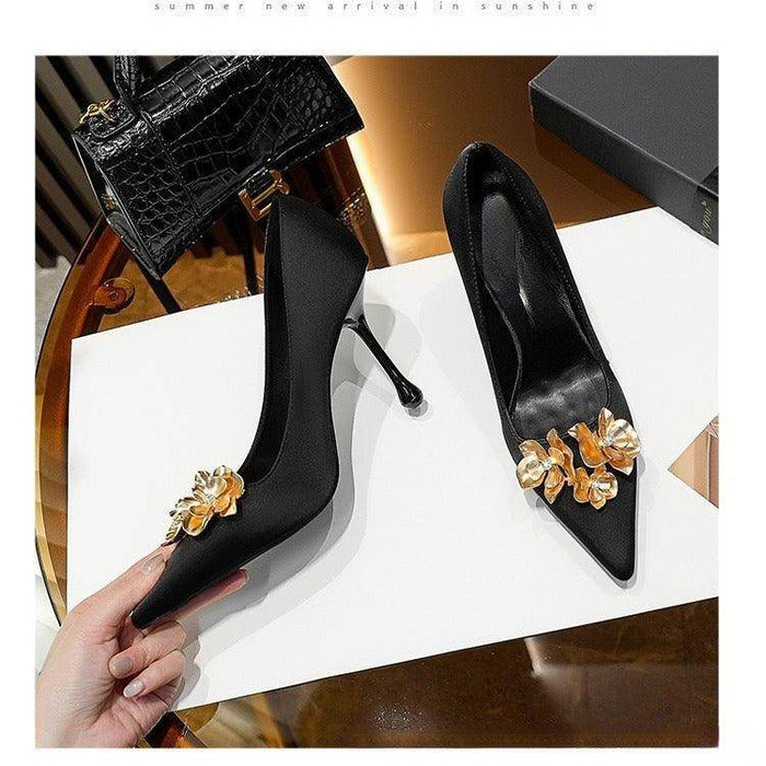 3D Flowers black Satin Pointy Stiletto Heels 769556407493 - COCOMELODY