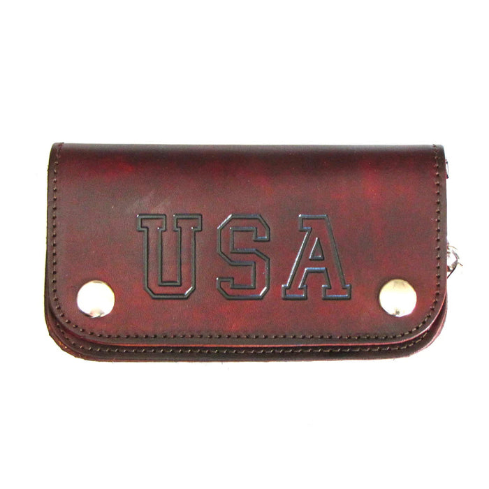 6" Antique Biker Wallet USA Brown: Genuine cowhide leather antique brown 6'' bi-fold chain wallet with embossed landing eagle