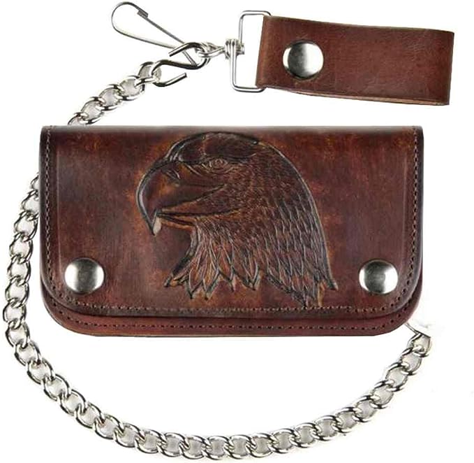 6" Antique Biker Wallet USA Brown: Genuine cowhide leather antique brown 6'' bi-fold chain wallet with embossed landing eagle