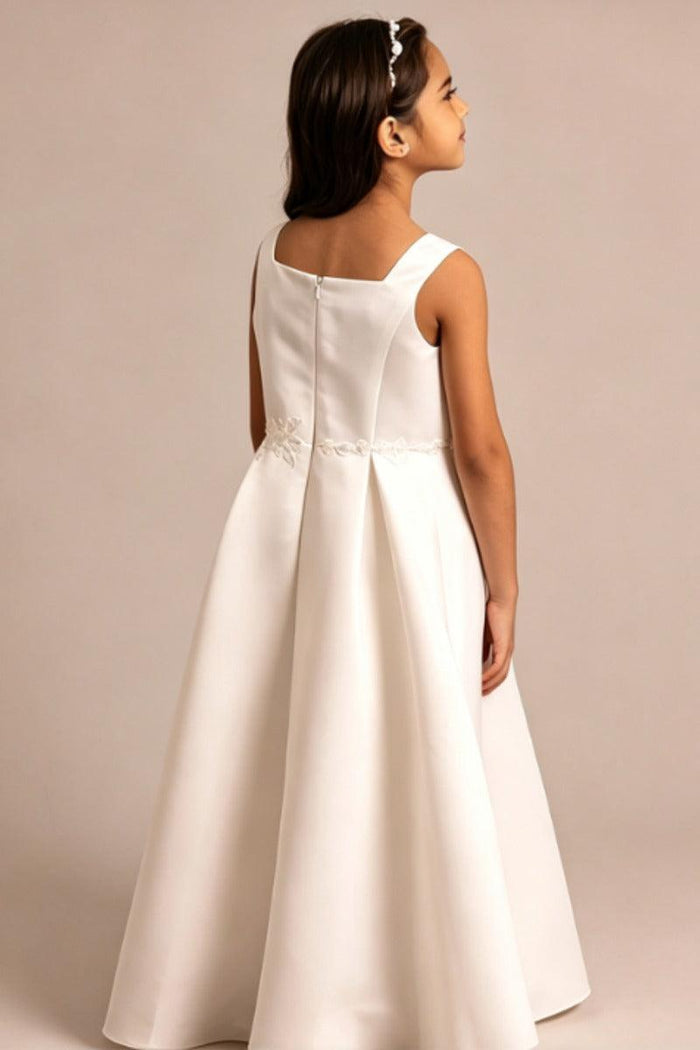 A-Line Ankle Length Satin Square Neck Appliques Flower Girl Dresses 1061417986274