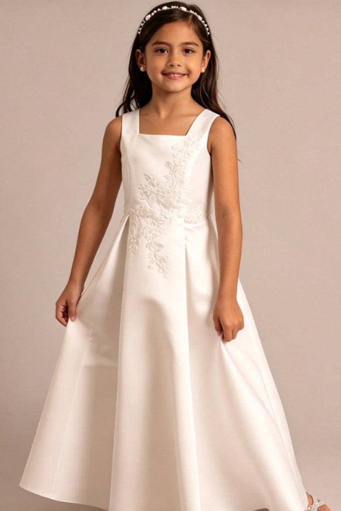 A-Line Ankle Length Satin Square Neck Appliques Flower Girl Dresses 1061417986274