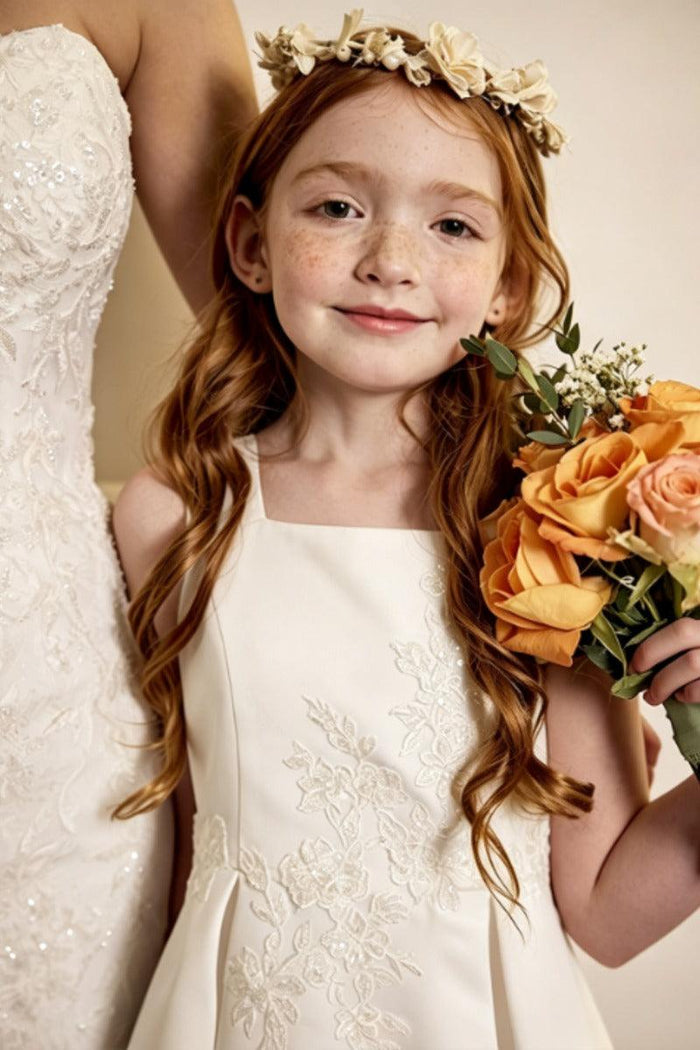A-Line Ankle Length Satin Square Neck Appliques Flower Girl Dresses 1061417986274