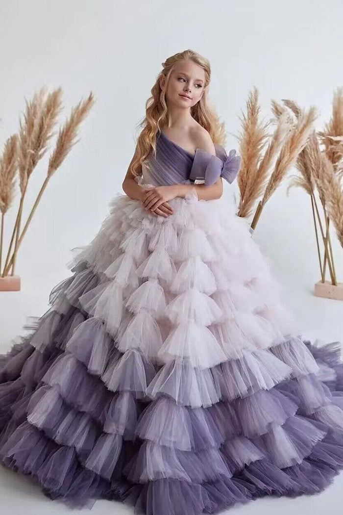 A-Line Asymmetrical One Shoulder Tiered Tulle Sweep-Brush Train Flower Girl Dresses 779839145372