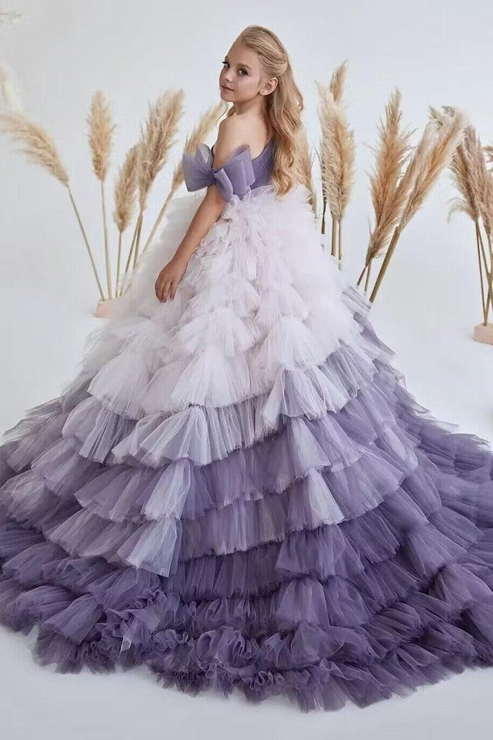 A-Line Asymmetrical One Shoulder Tiered Tulle Sweep-Brush Train Flower Girl Dresses 779839145372