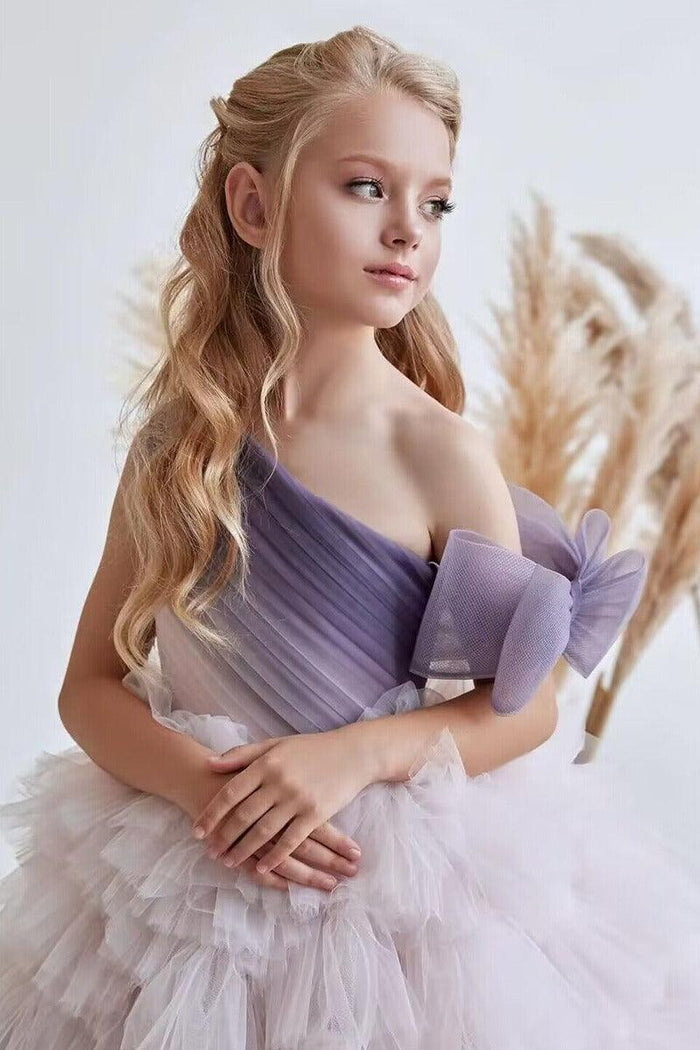 A-Line Asymmetrical One Shoulder Tiered Tulle Sweep-Brush Train Flower Girl Dresses 779839145372
