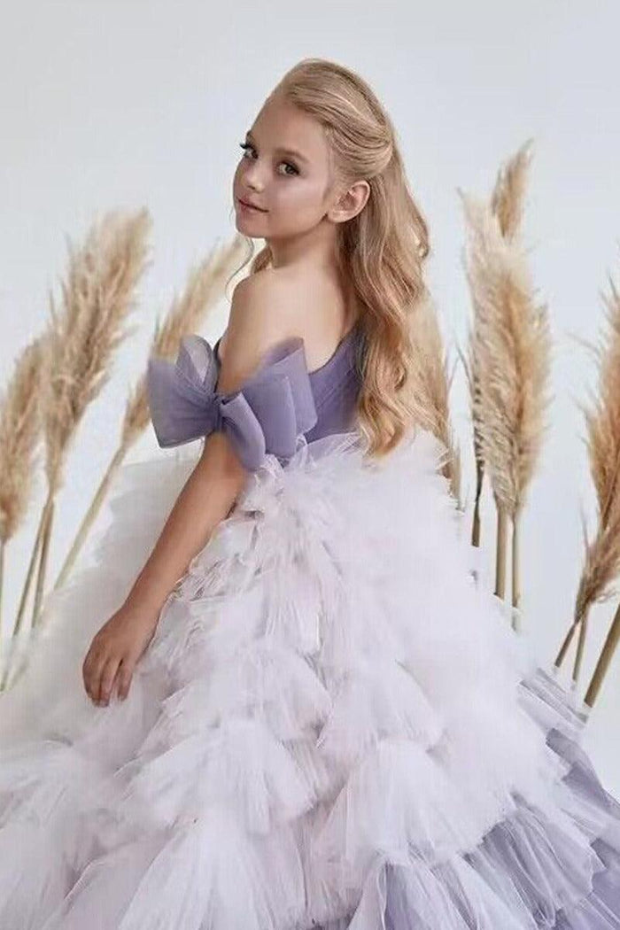 A-Line Asymmetrical One Shoulder Tiered Tulle Sweep-Brush Train Flower Girl Dresses 779839145372