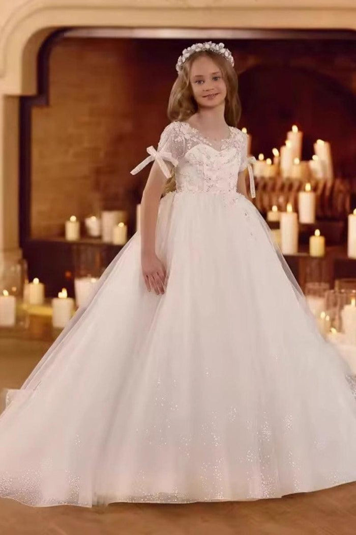 A-Line Bow Cuff Tulle Sweep-Brush Train Flower Girl Dresses 895011114088