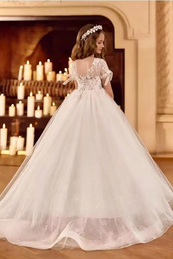 A-Line Bow Cuff Tulle Sweep-Brush Train Flower Girl Dresses 895011114088