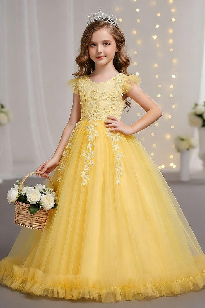 A-Line Cap Sleeve Lace Applique Tulle Floor Length Flower Girl Dresses 1031527052172