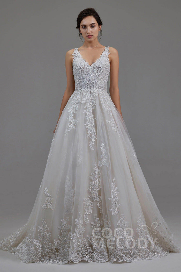 A-Line Court Train Tulle and Lace Wedding Dress LD5813 - COCOMELODY