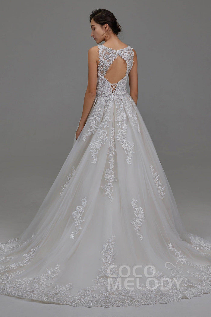 A-Line Court Train Tulle and Lace Wedding Dress LD5813 - COCOMELODY