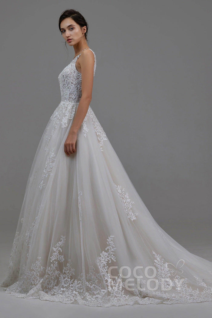 A-Line Court Train Tulle and Lace Wedding Dress LD5813 - COCOMELODY