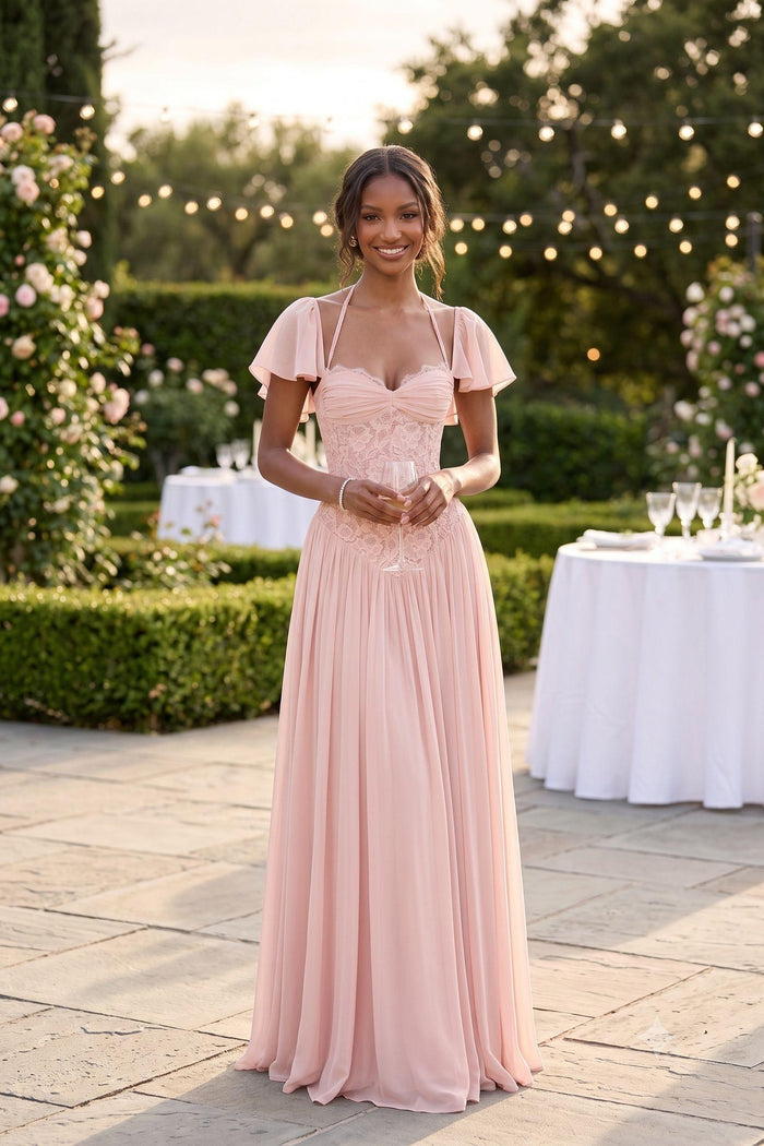 A-Line Floor-length Chiffon Lace Bridesmaid Dress CG0347BM