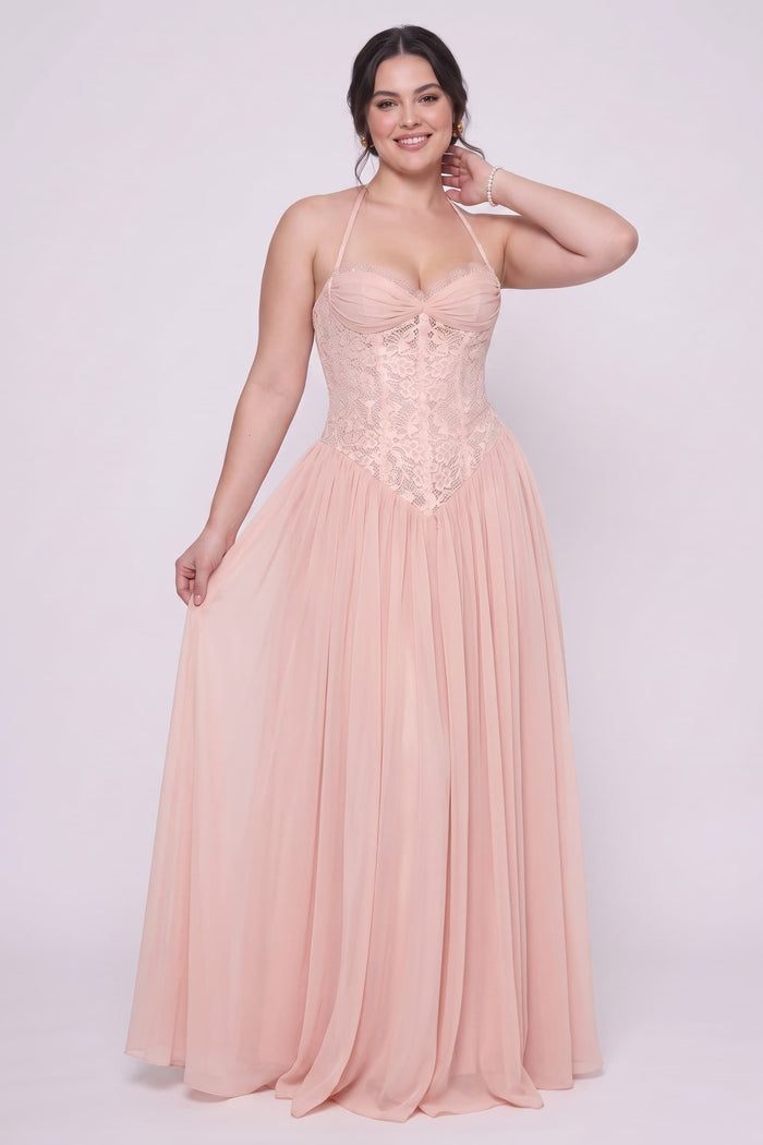 A-Line Floor-length Chiffon Lace Wedding Guest Dress CG0337