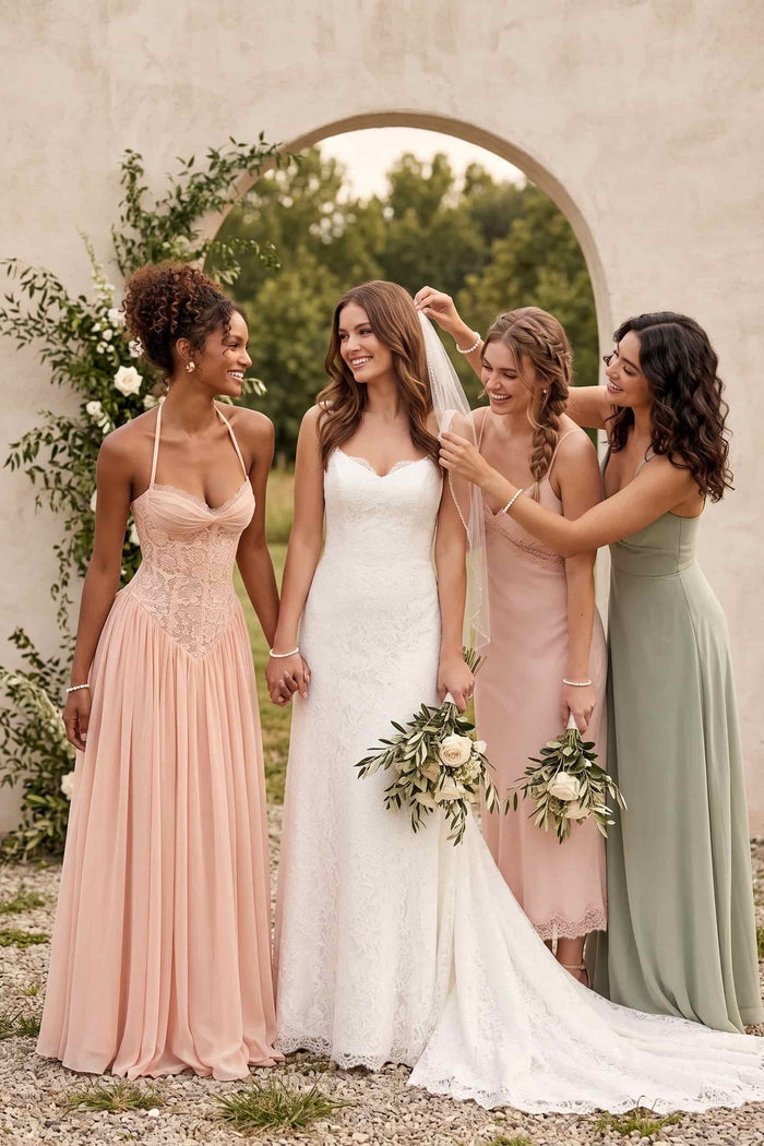 A-Line Floor-length Chiffon Lace Wedding Guest Dress CG0337