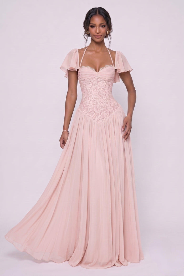 A-Line Floor-length Chiffon Lace Wedding Guest Dress CG0347