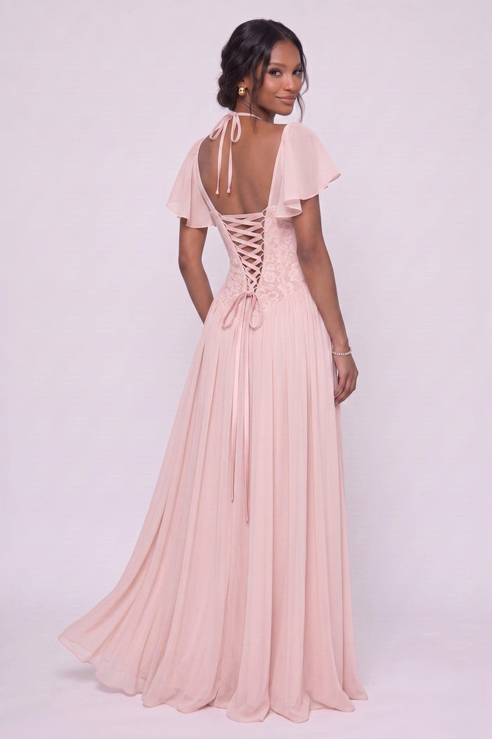 A-Line Floor-length Chiffon Lace Wedding Guest Dress CG0347