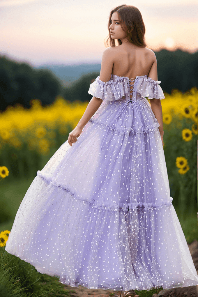A-Line Floor Length Dot Tulle Prom Dress CS0473 - COCOMELODY