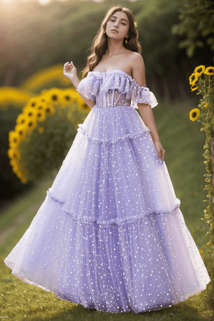 A-Line Floor Length Dot Tulle Prom Dress CS0473 - COCOMELODY
