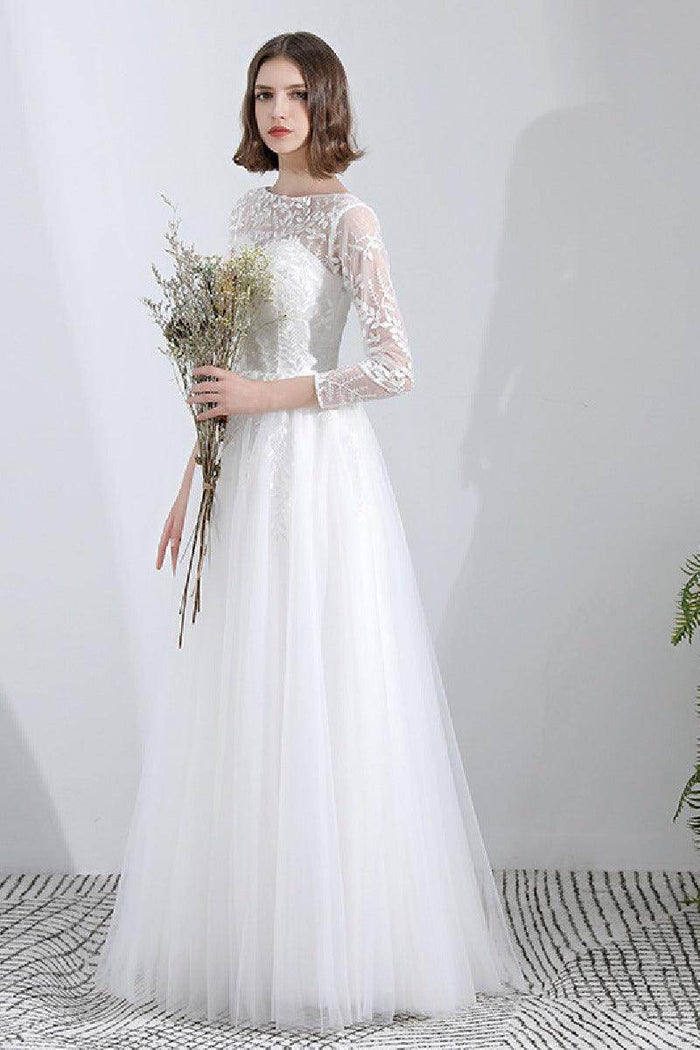 A-Line Floor Length Lace Tulle Wedding Dress 629871670095 - COCOMELODY