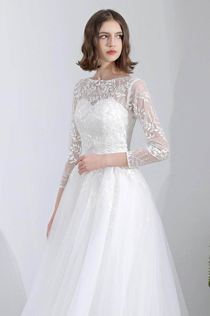 A-Line Floor Length Lace Tulle Wedding Dress 629871670095 - COCOMELODY