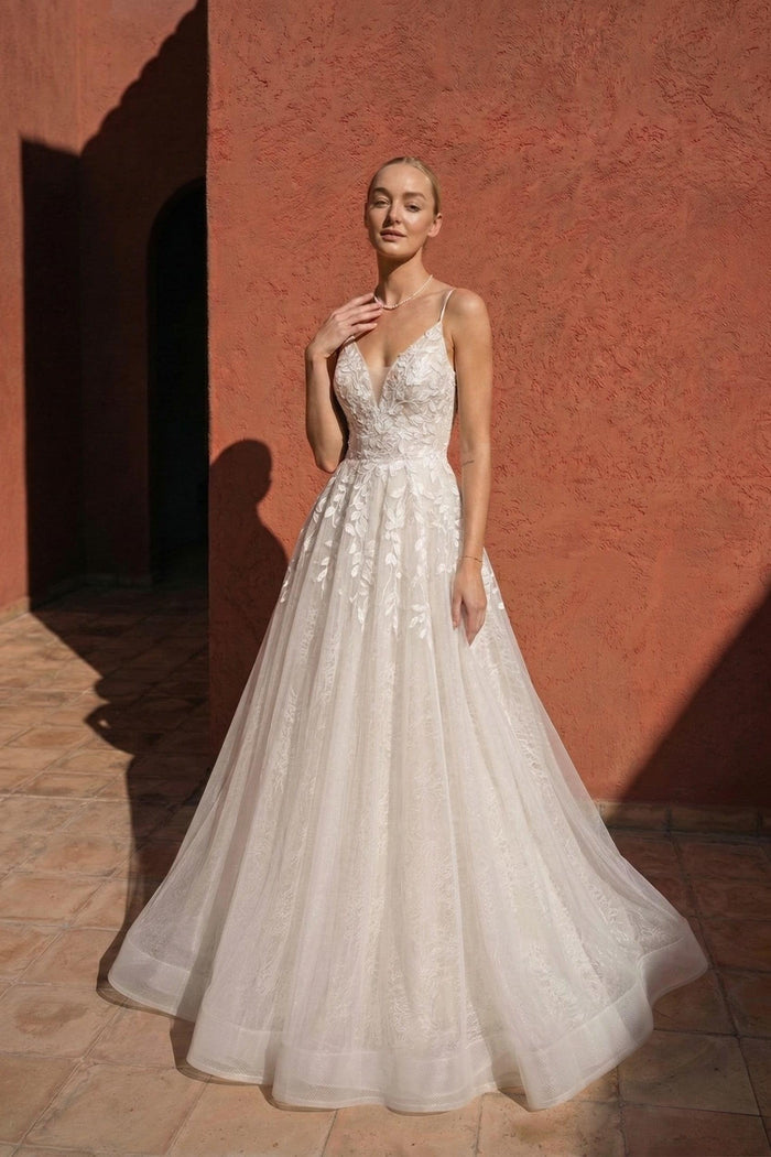 A-Line Floor Length Lace Tulle Wedding Dress CW3119