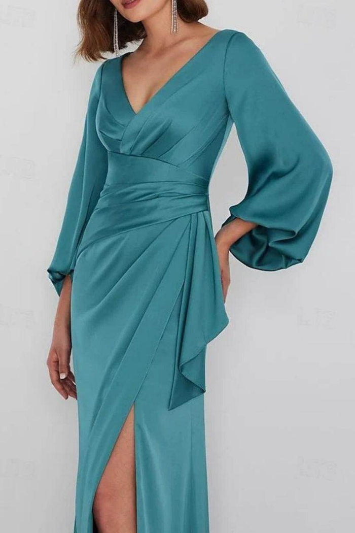 A Line Floor Length Long Sleeve V Neck Mother Dresses CM0362CR - COCOMELODY