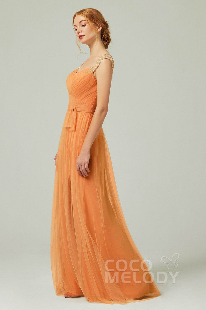 A-Line Floor Length Tulle Bridesmaid Dress CB0313PS - COCOMELODY