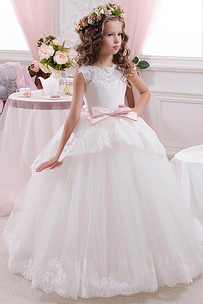 A-Line Floor Length Tulle Lace Flower Girl Dress CF0341 - COCOMELODY