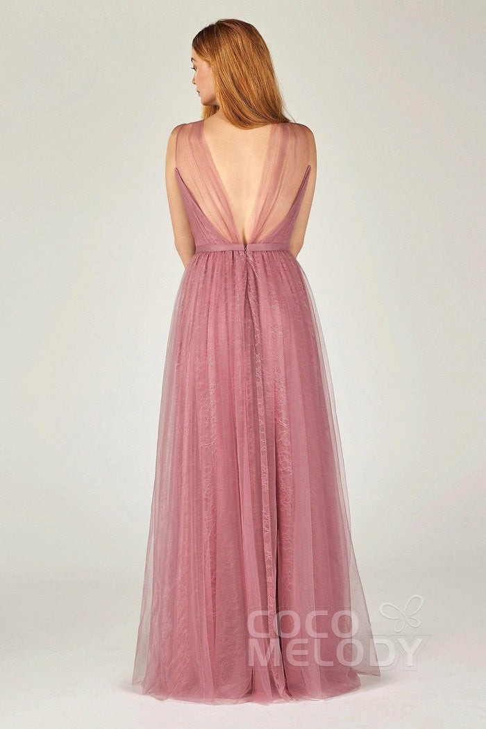 A-Line Floor Length Tulle/Lace Bridesmaid Dress CB0376CR - COCOMELODY