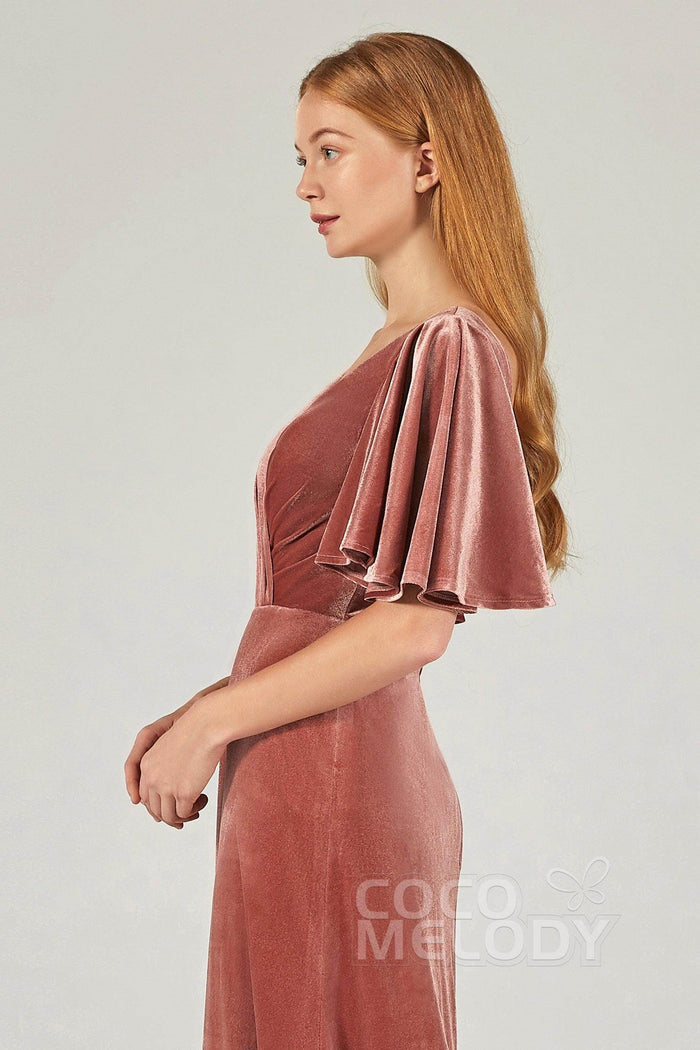 A-Line Floor Length Velvet Bridesmaid Dress Formal Dresses CB0367PS - COCOMELODY