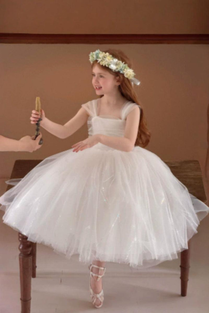 A-Line Glitter Tulle Ruffle Straps Ankle Length Flower Girl Dresses 1038452310663