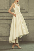 A-Line High-Low Satin Little White Dress 100066 - COCOMELODY