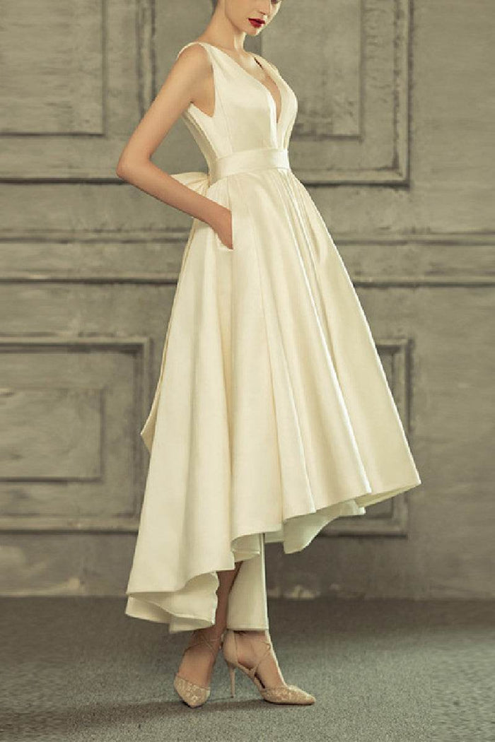 A-Line High-Low Satin Little White Dress 100066 - COCOMELODY