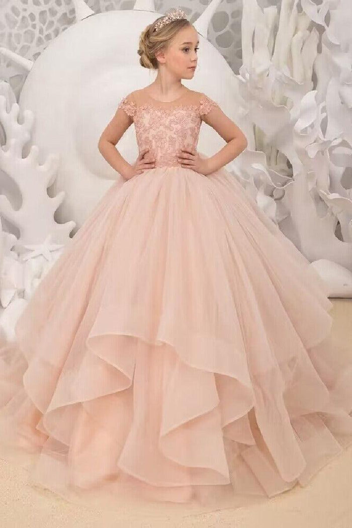 A-Line Illusion Cap Sleeve Ruffle Tulle Sweep-Brush Train Flower Girl Dresses 709465104920