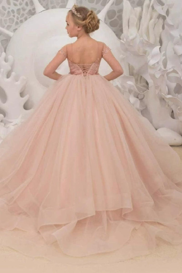 A-Line Illusion Cap Sleeve Ruffle Tulle Sweep-Brush Train Flower Girl Dresses 709465104920