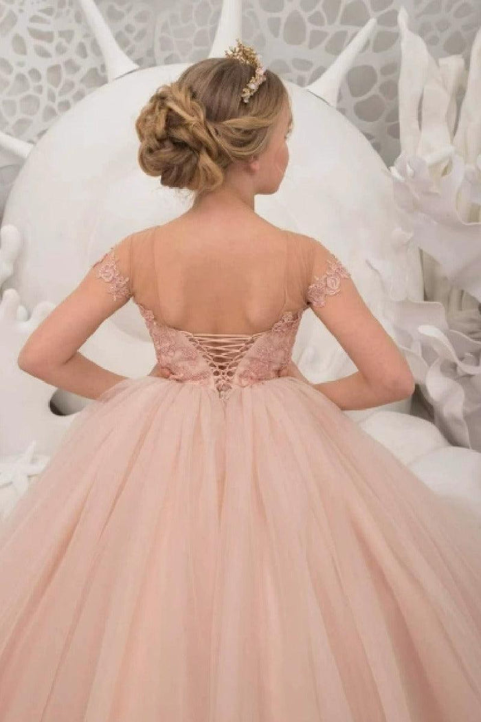 A-Line Illusion Cap Sleeve Ruffle Tulle Sweep-Brush Train Flower Girl Dresses 709465104920