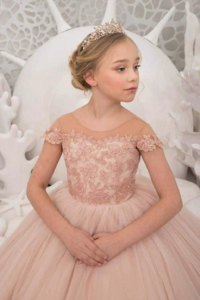 A-Line Illusion Cap Sleeve Ruffle Tulle Sweep-Brush Train Flower Girl Dresses 709465104920