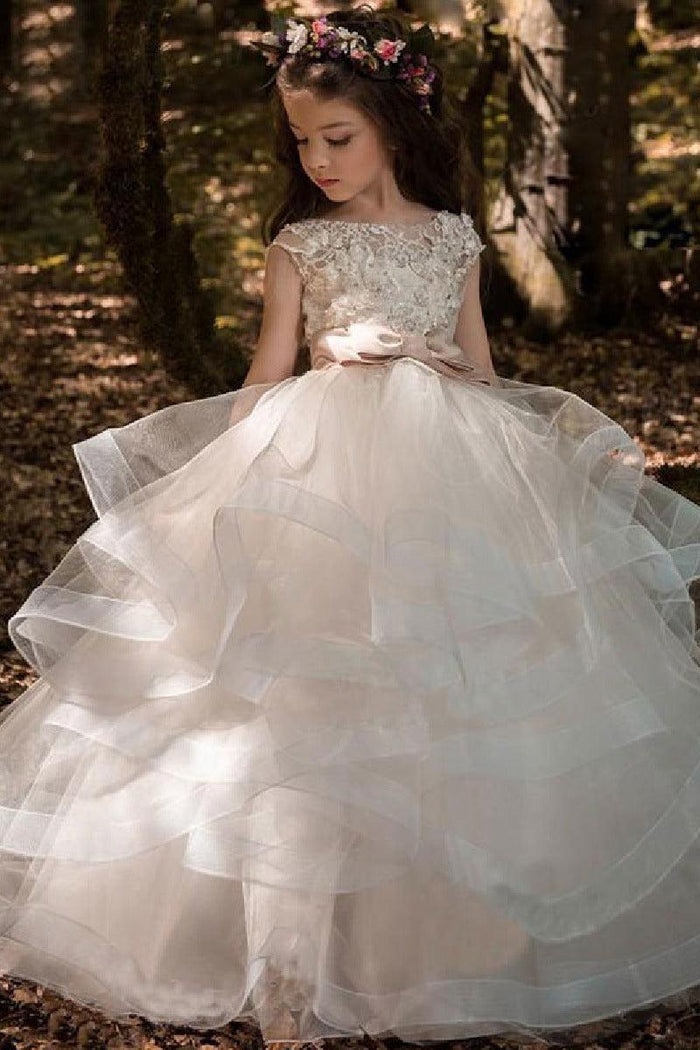 A-Line Illusion Floor Length Tulle Flower Girl Dresses 617286377317