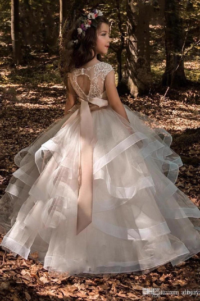 A-Line Illusion Floor Length Tulle Flower Girl Dresses 617286377317