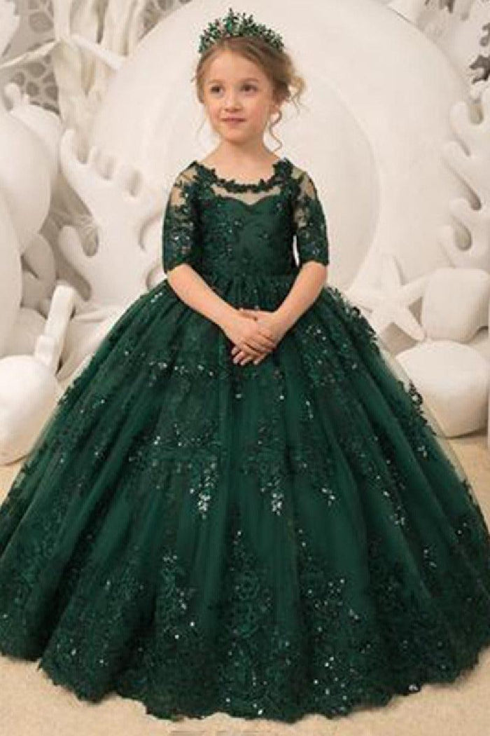 A-Line Illusion Half Sleeve Floor Length Flower Girl Dresses 639993621131