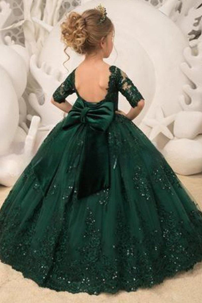 A-Line Illusion Half Sleeve Floor Length Flower Girl Dresses 639993621131