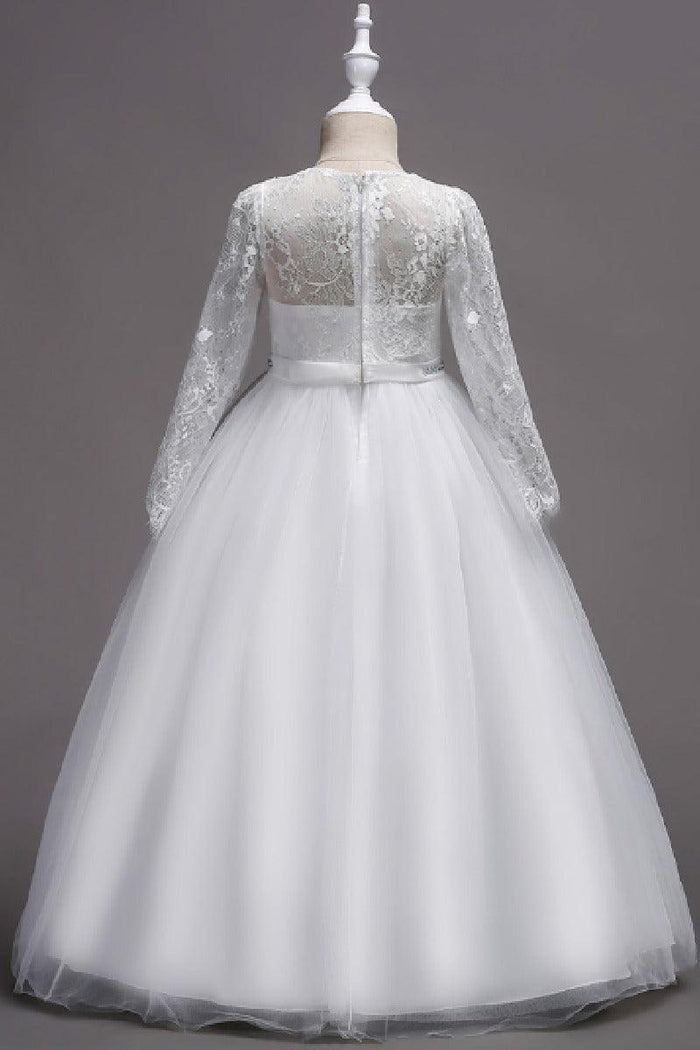 A-Line Illusion Heart Long Sleeve Tulle Floor Length Flower Girl Dresses 1060678890781
