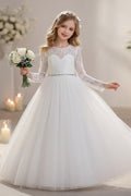 A-Line Illusion Heart Long Sleeve Tulle Floor Length Flower Girl Dresses 1060678890781
