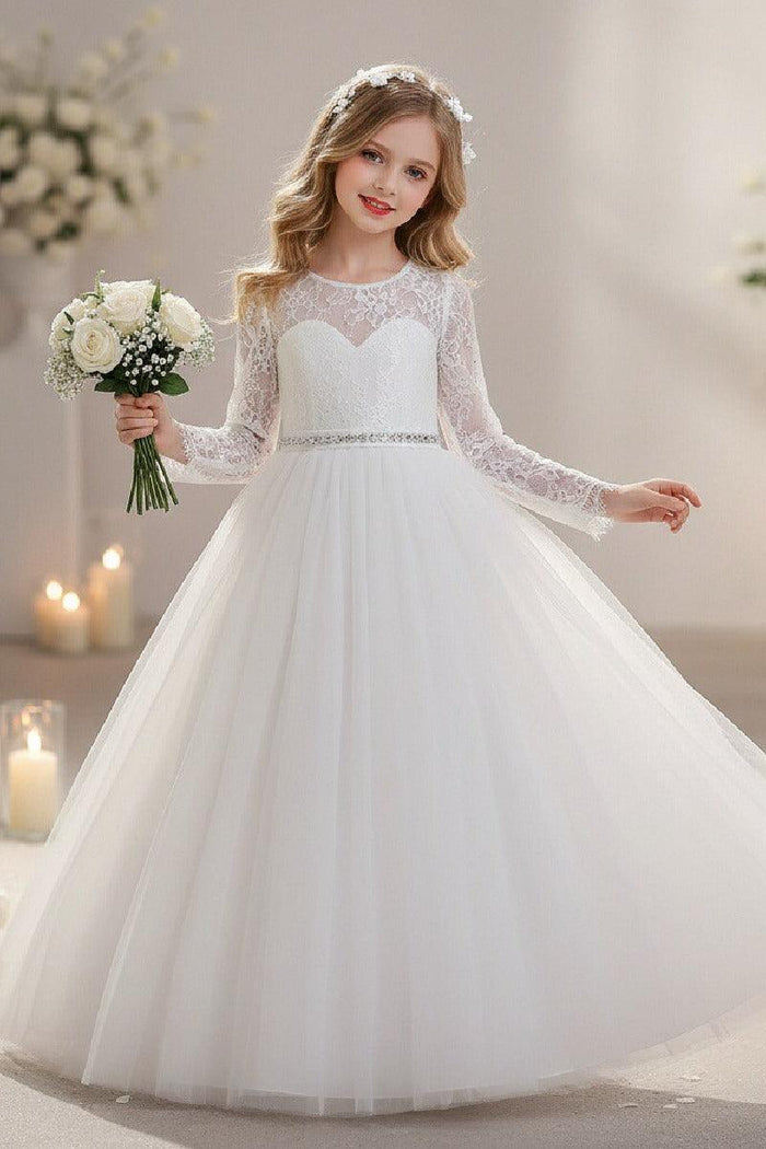 A-Line Illusion Heart Long Sleeve Tulle Floor Length Flower Girl Dresses 1060678890781