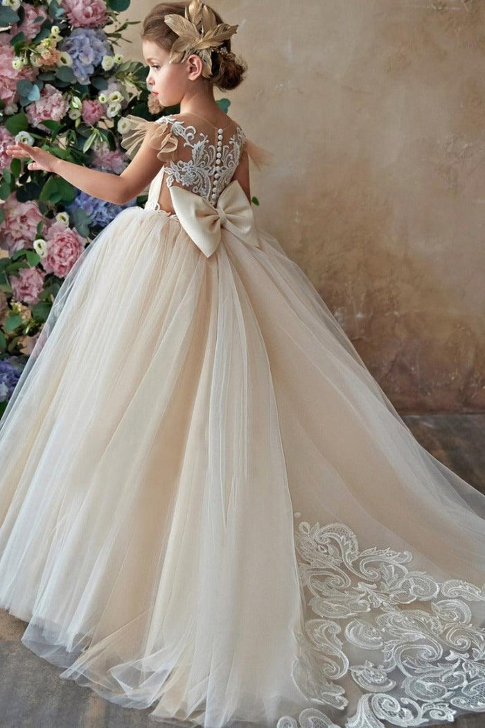 A-Line Illusion Lace Sweep-Brush Train Tulle Flower Girl Dresses 672076219063