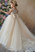 A-Line Illusion Lace Sweep-Brush Train Tulle Flower Girl Dresses 672076219063