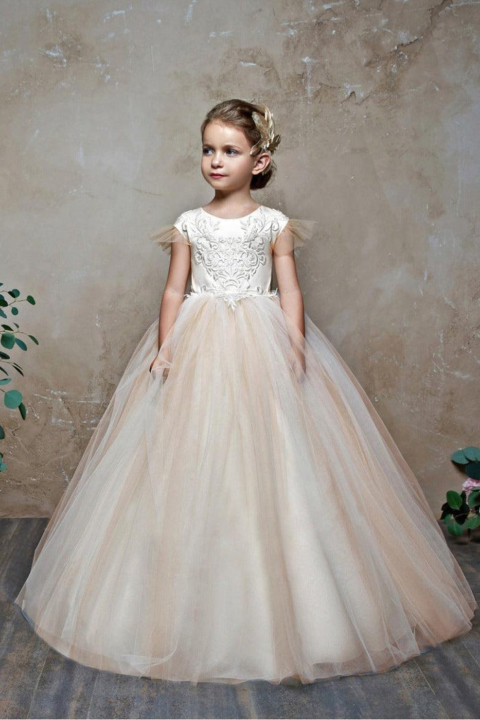 A-Line Illusion Lace Sweep-Brush Train Tulle Flower Girl Dresses 672076219063